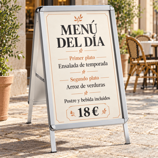 Caballete publicitario de aluminio con menú de restaurante en una calle con terraza