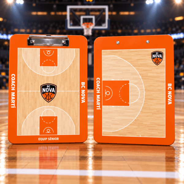 Pizarra táctica de baloncesto personalizada en naranja, con campo completo y medio campo