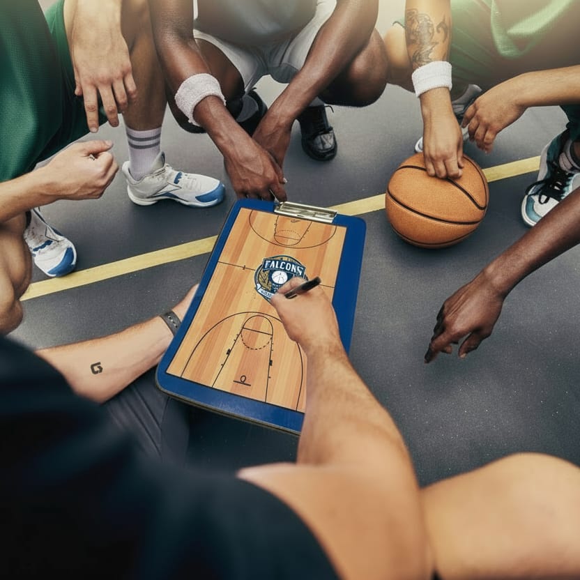 Equipo de baloncesto preparando una jugada con una pizarra táctica personalizada