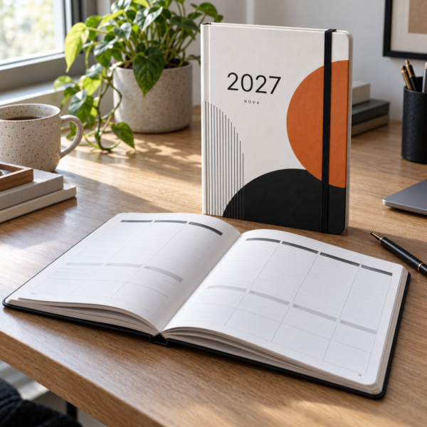 Agendas personalizadas con cubierta naranja y negra sobre una mesa — ejemplo ilustrativo