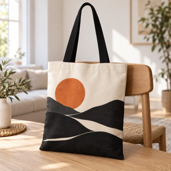 Bolsa shopper de algodón con asas negras y paisaje abstracto naranja sobre una mesa — ejemplo ilustrativo