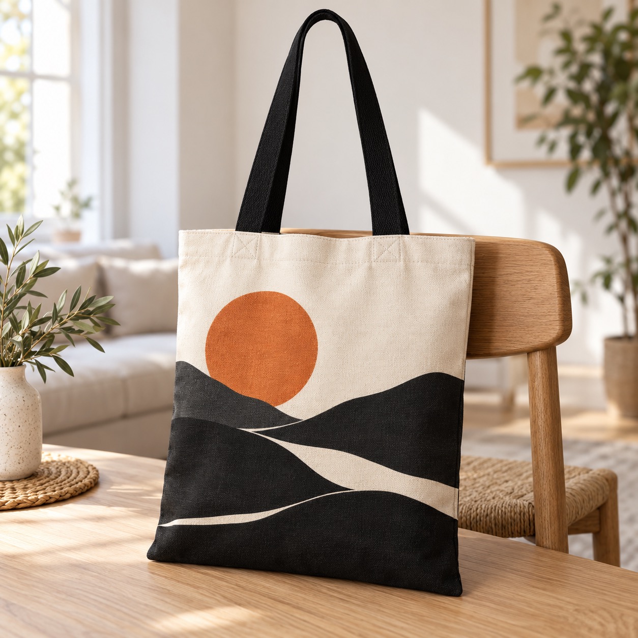 Bolsa shopper de algodón con asas negras y paisaje abstracto naranja sobre una mesa — ejemplo ilustrativo