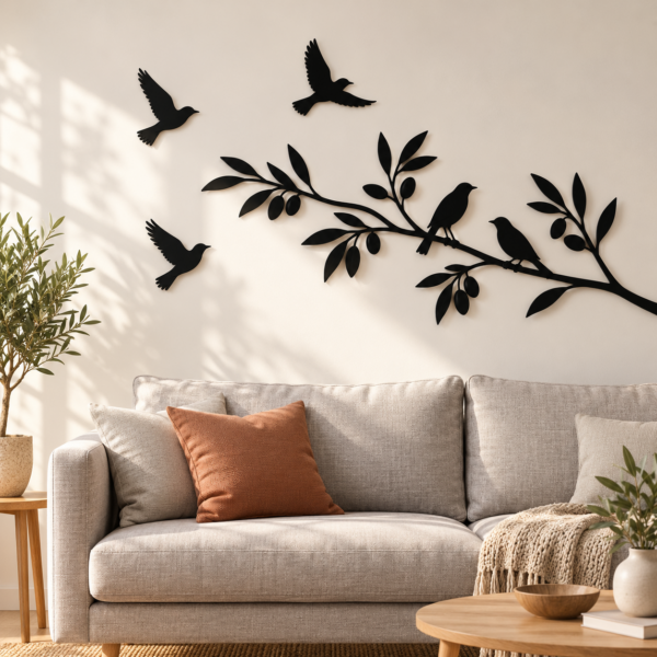 Decoración de pared con una rama y aves en metacrilato negro cortado con láser sobre un sofá — ejemplo ilustrativo