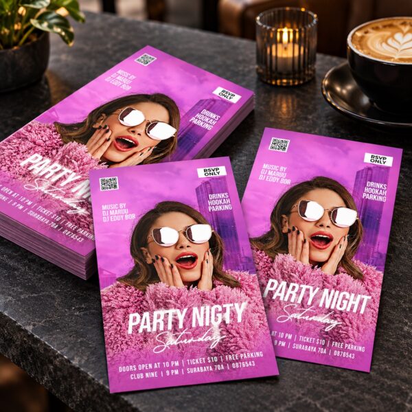 Flyers de fiesta impresos a color sobre una mesa oscura — ejemplo ilustrativo