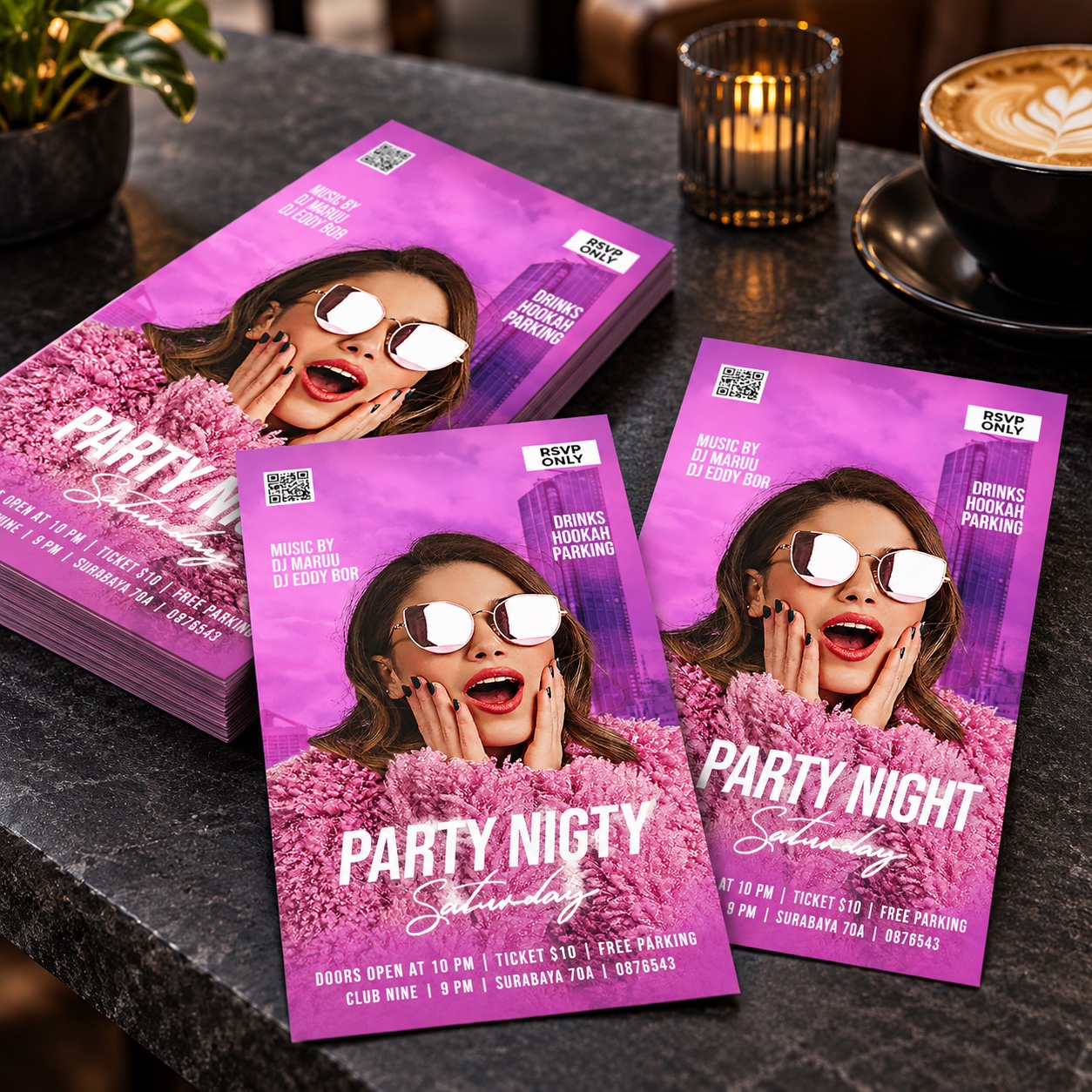 Flyers de fiesta impresos a color sobre una mesa oscura — ejemplo ilustrativo