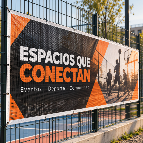 Lona microperforada Mesh naranja, blanca y negra con refuerzo y ojales en una valla deportiva — ejemplo ilustrativo