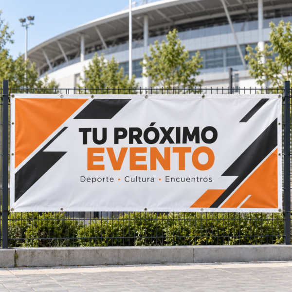 Lona publicitaria naranja, blanca y negra con refuerzo y ojales instalada en una valla — ejemplo ilustrativo