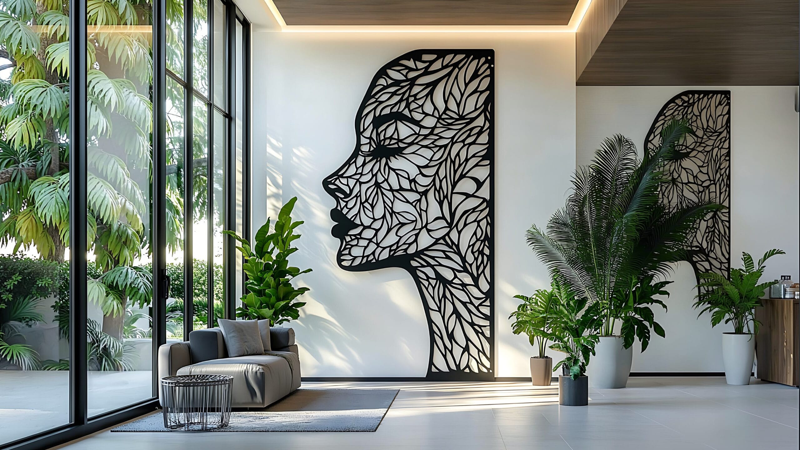 Interior luminoso con decoración mural de un rostro y plantas