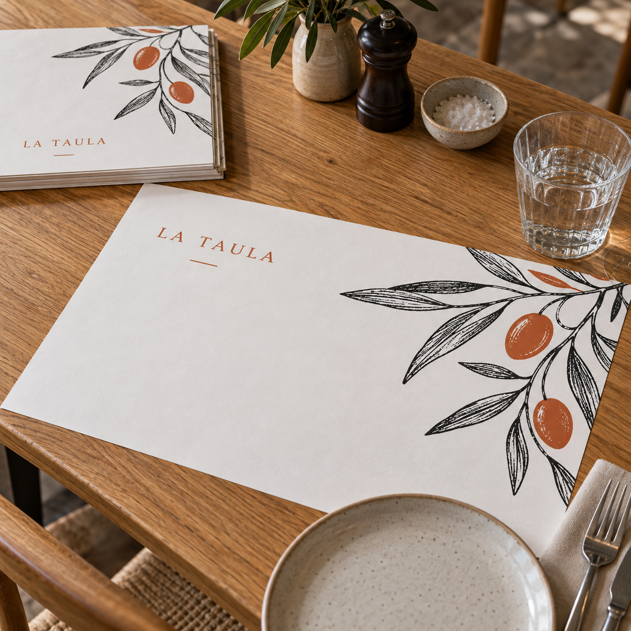 Manteles individuales de papel personalizados sobre una mesa de restaurante — ejemplo ilustrativo