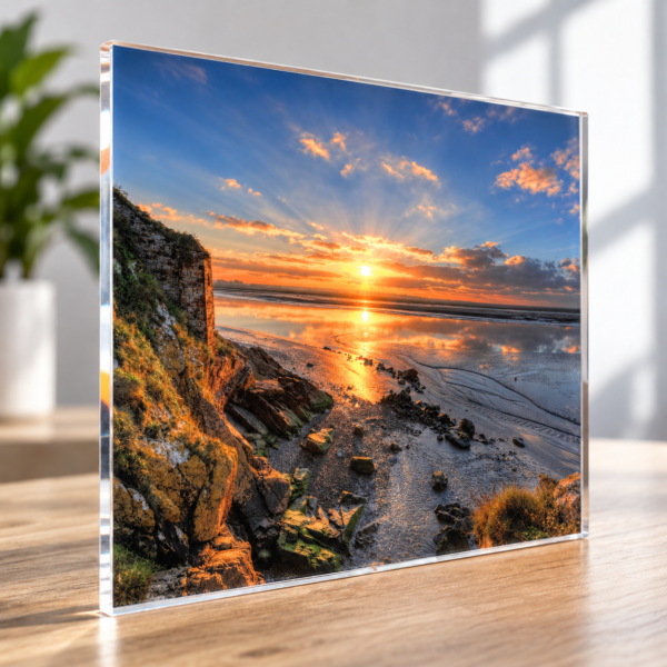 Paisaje de amanecer junto al mar impreso en metacrilato — ejemplo ilustrativo