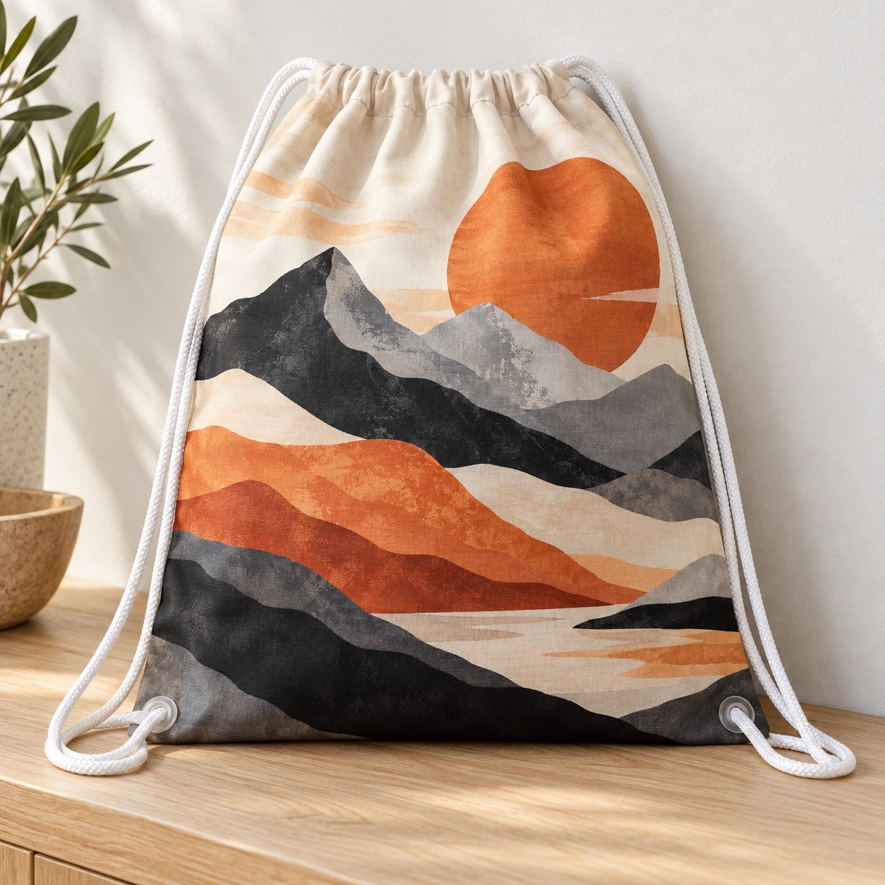 Mochila saco personalizada con paisaje abstracto naranja sobre una mesa