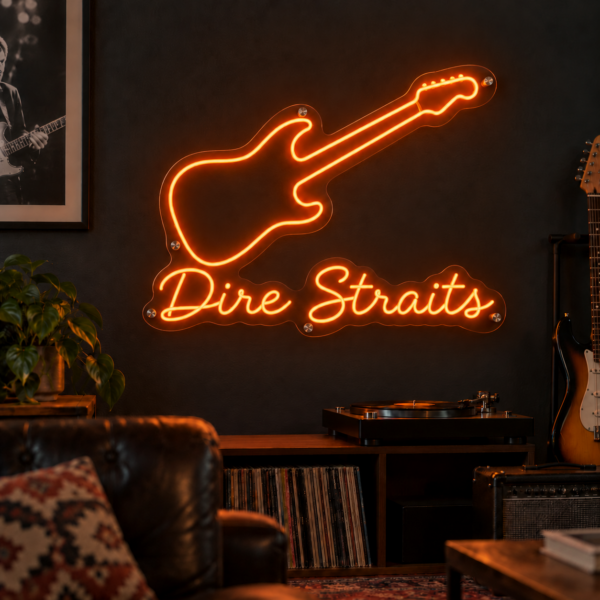 Neón LED naranja de guitarra sencilla y Dire Straits en letra ligada, con metacrilato recortado al contorno