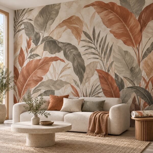 Papel pintado personalizado con mural botánico en un salón — ejemplo ilustrativo