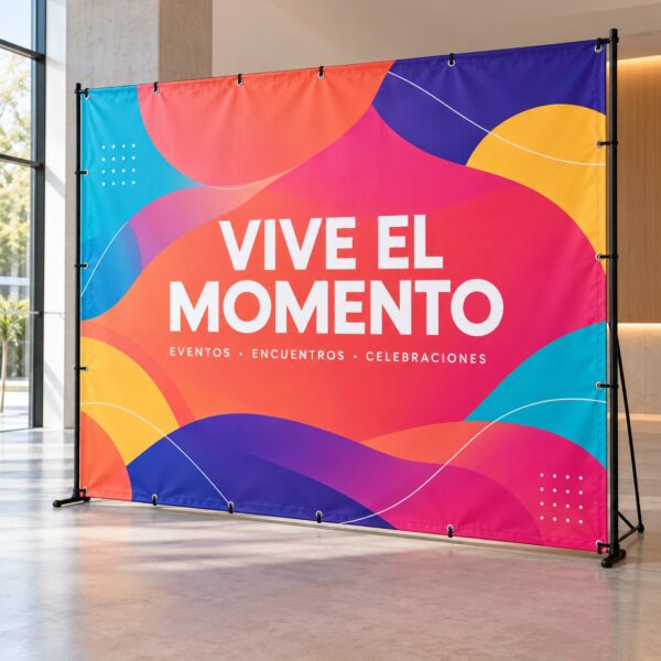 Photocall personalizado con gráfica multicolor en un espacio de eventos — ejemplo ilustrativo