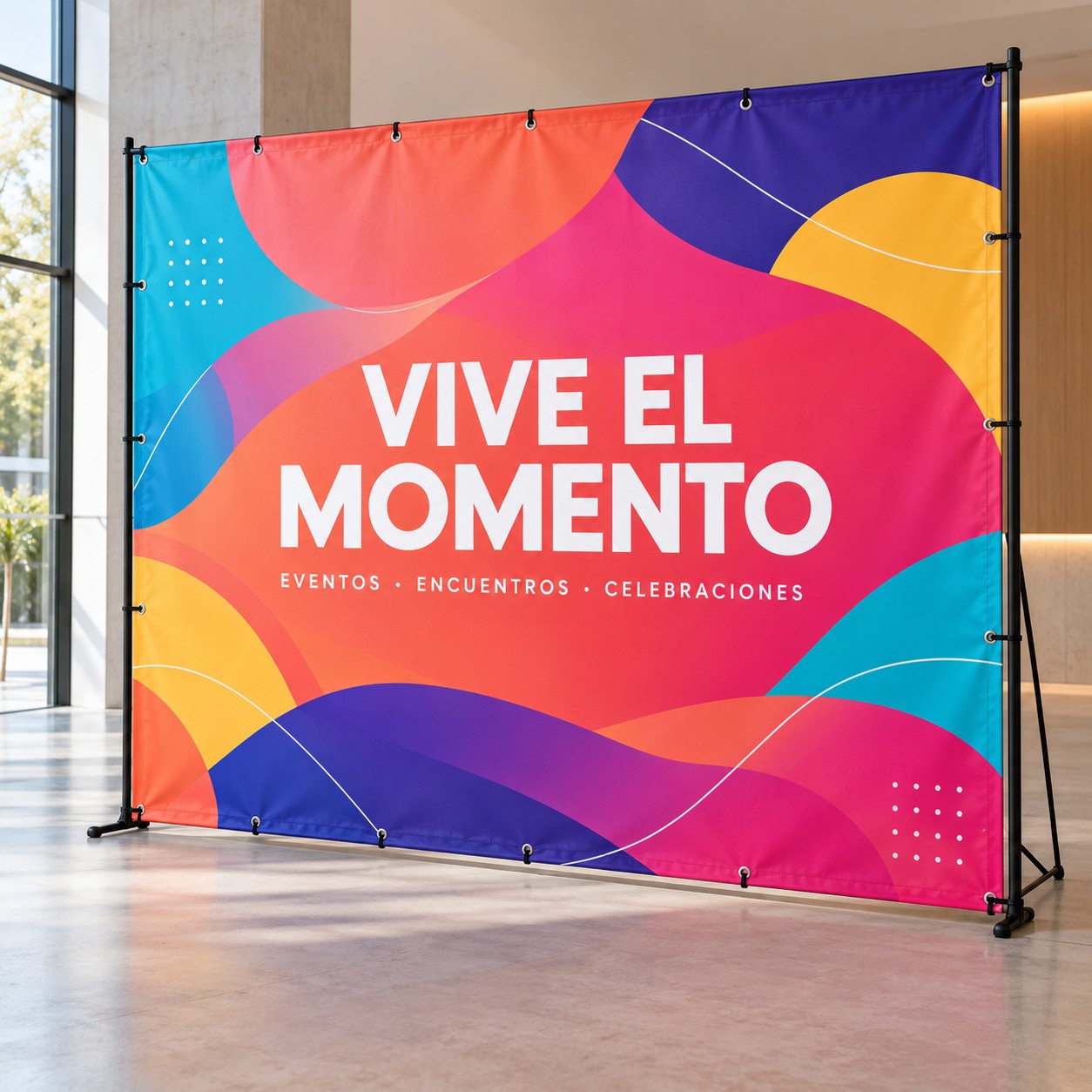 Photocall personalizado con gráfica multicolor en un espacio de eventos — ejemplo ilustrativo