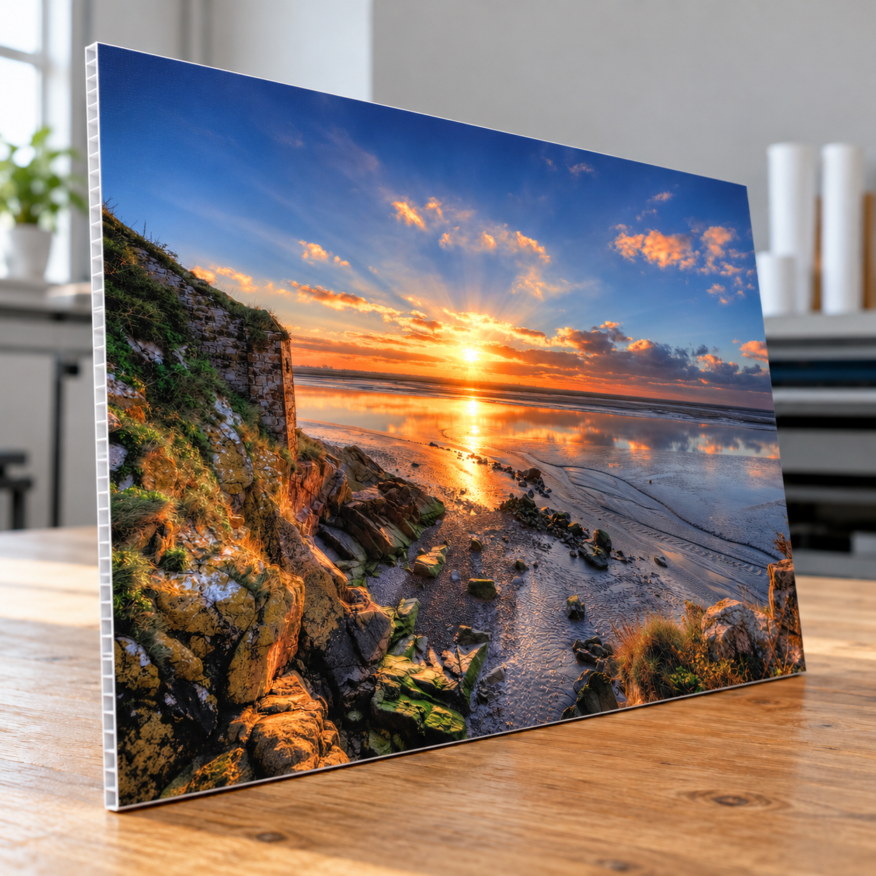 Paisaje de amanecer junto al mar impreso en polipropileno celular — ejemplo ilustrativo