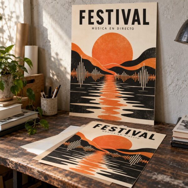 Pósters de festival con diseño naranja y negro sobre una mesa — ejemplo ilustrativo