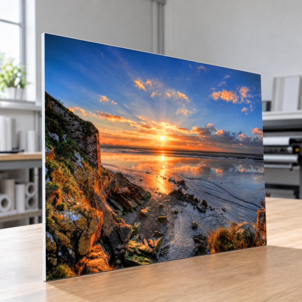 Paisaje de amanecer junto al mar impreso en PVC — ejemplo ilustrativo