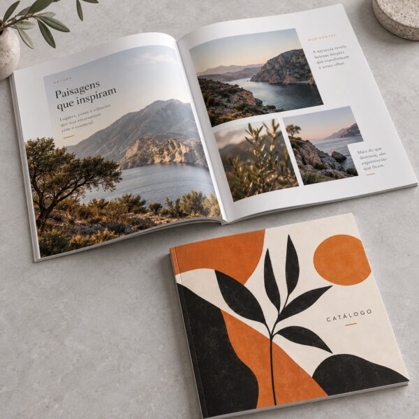 Revista abierta y catálogo cuadrado con diseño naranja y negro sobre una mesa — ejemplo ilustrativo
