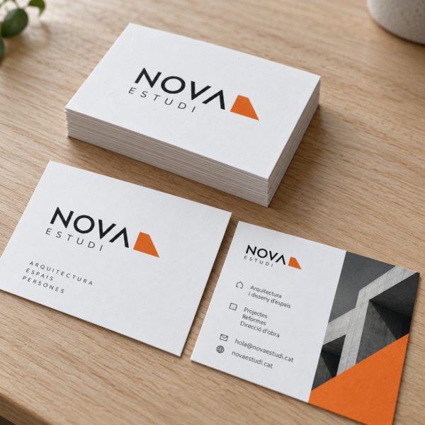 Tarjetas de visita blancas con diseño negro y naranja sobre una mesa — ejemplo ilustrativo
