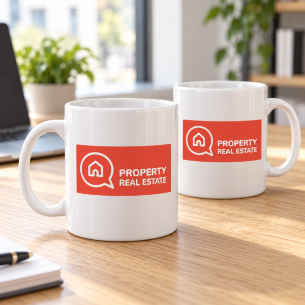Dos tazas blancas con el logo Property Real Estate sobre una mesa de madera — imagen ilustrativa