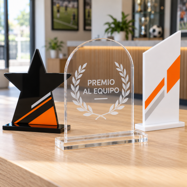 Trofeos de metacrilato transparente, negro y blanco con grabado y vinilo — ejemplo ilustrativo