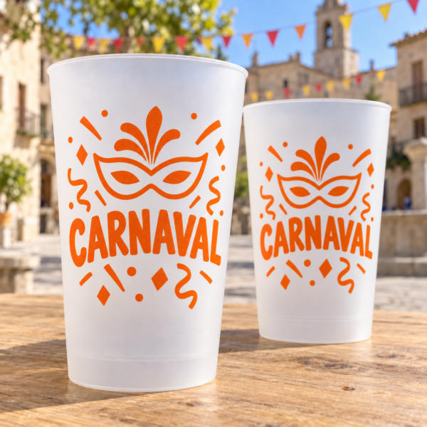 Vasos reutilizables blancos translúcidos con diseño de Carnaval a un color naranja — ejemplo ilustrativo